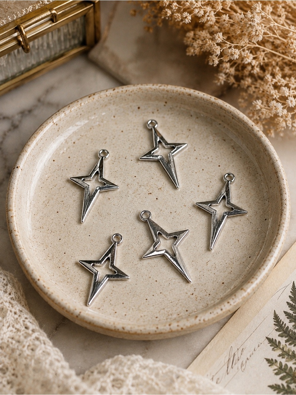 Lot of 5 Silver-tone Four-Point Starburst Charms | Celestial Zinc Alloy Pendants